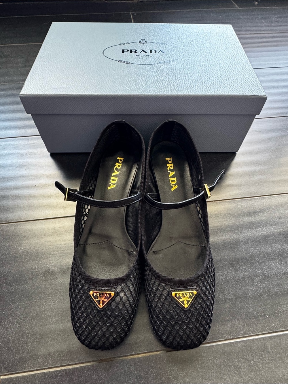 Brand New Black Mesh Mary Jane 2 inch heels with Gold Logo Plaque size 38